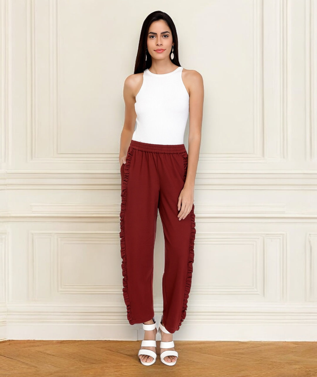 Maroon Knitted Frilled Pants