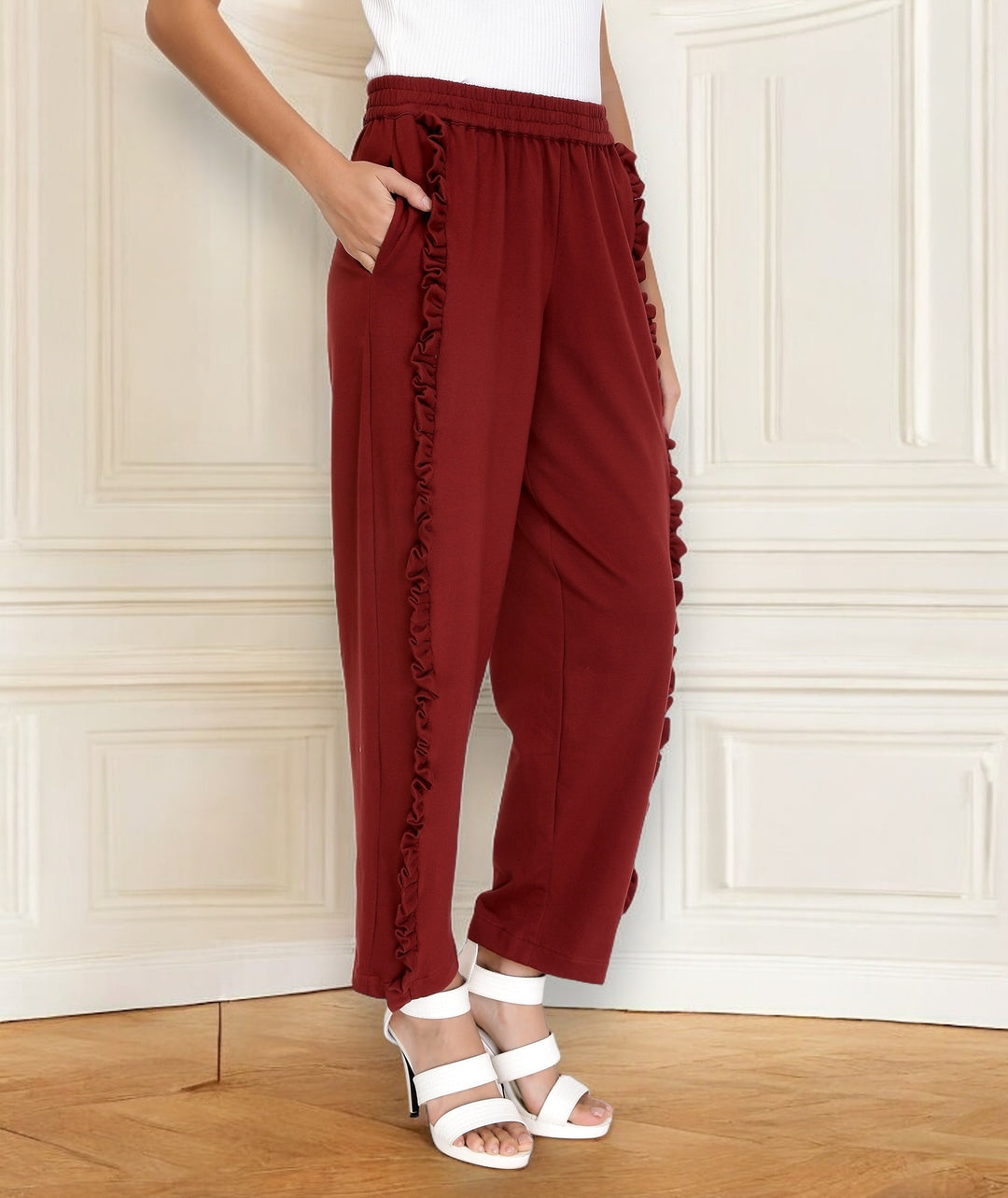 Maroon Knitted Frilled Pants