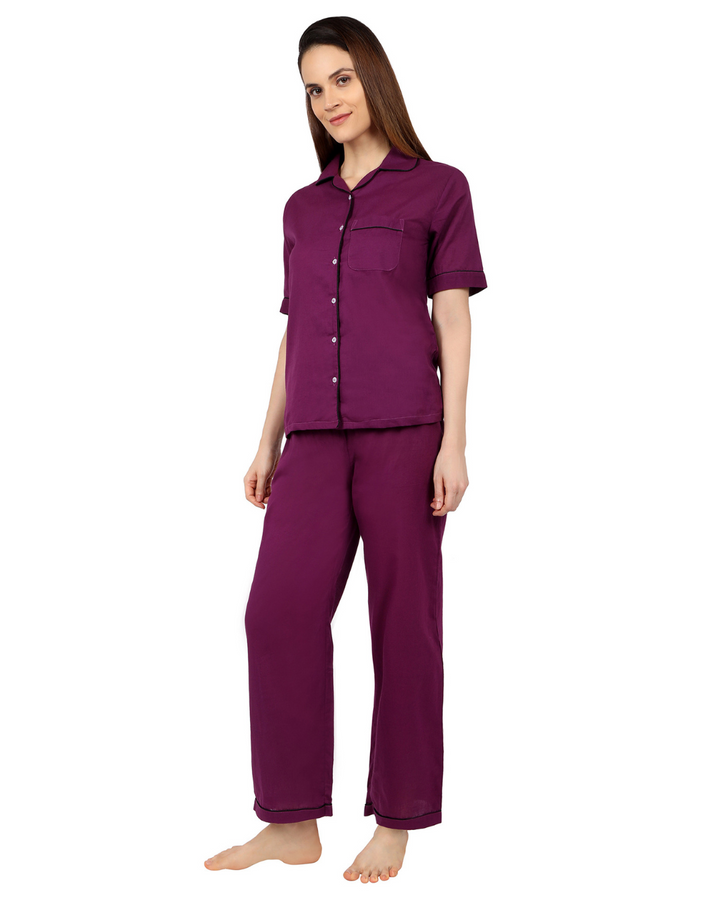 Deep Wine Cotton Nightsuit Set