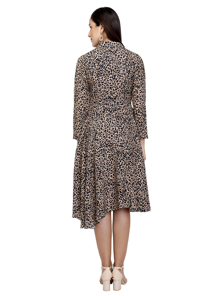 Animal Printed Collared Asymmetric Dress