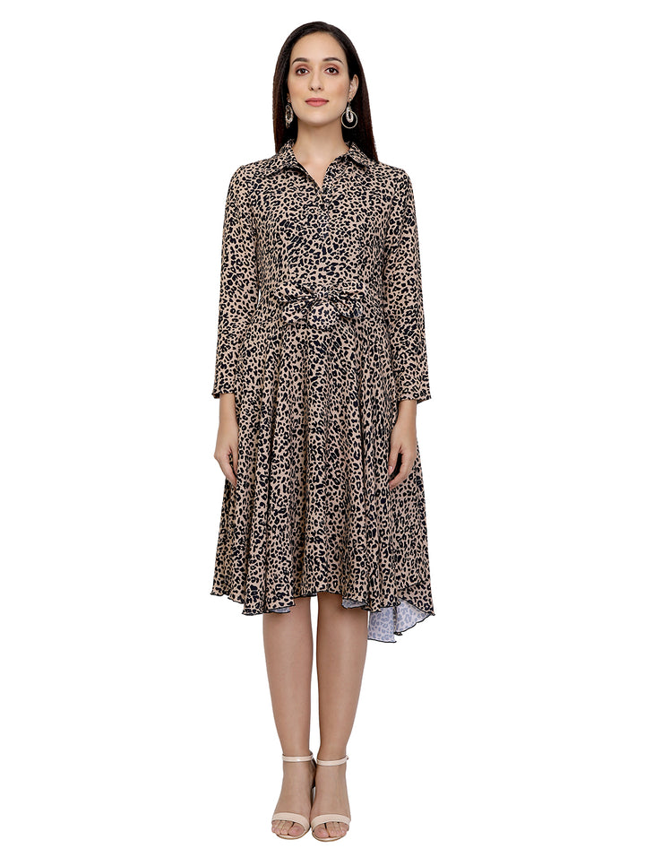 Animal Printed Collared Asymmetric Dress