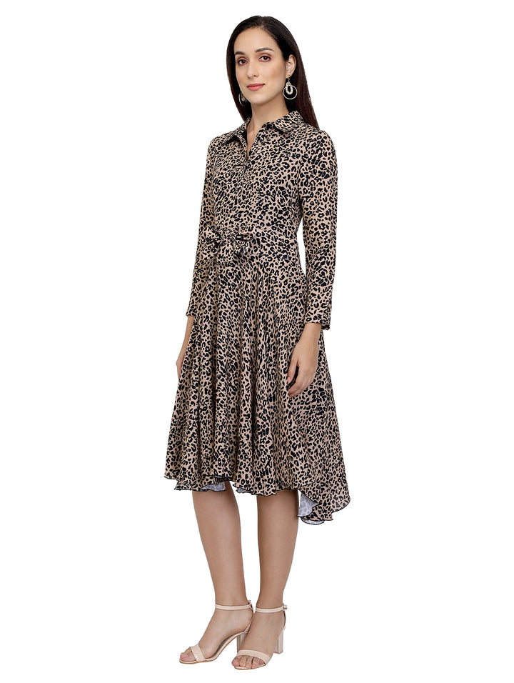 Animal Printed Collared Asymmetric Dress