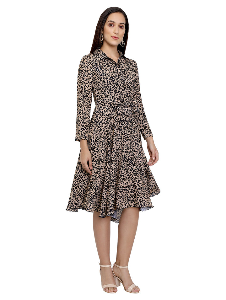 Animal Printed Collared Asymmetric Dress