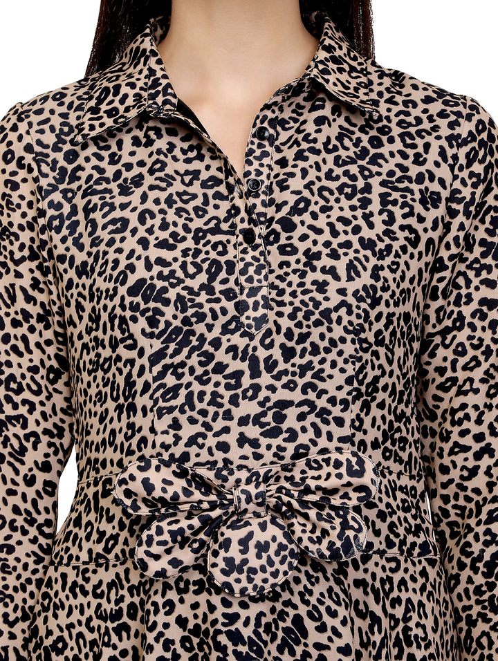 Animal Printed Collared Asymmetric Dress