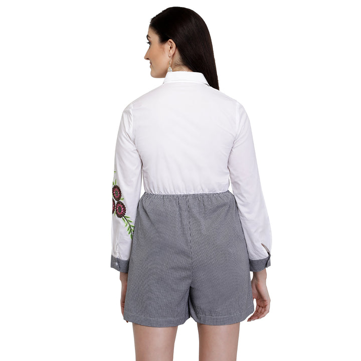 Embroidered Cotton Checks Playsuit