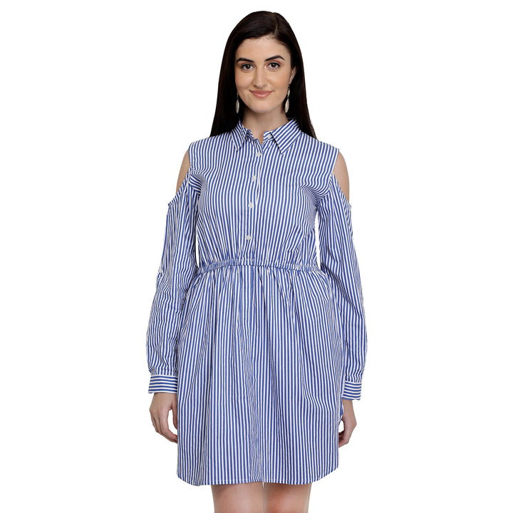 Cotton Stripes Cold Shoulder Dress