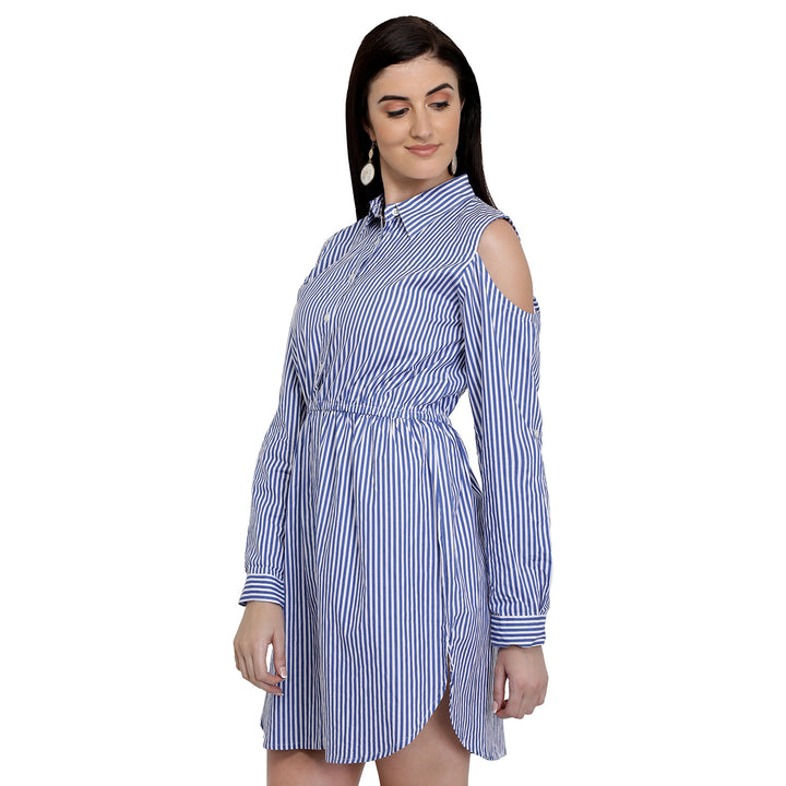 Cotton Stripes Cold Shoulder Dress