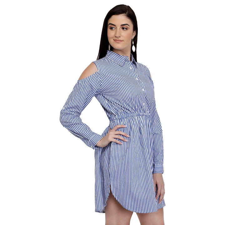 Cotton Stripes Cold Shoulder Dress