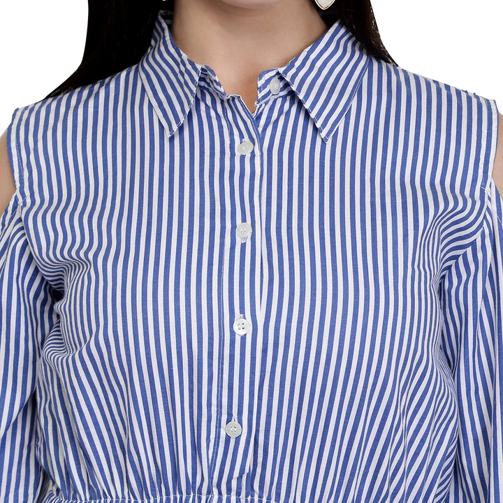 Cotton Stripes Cold Shoulder Dress