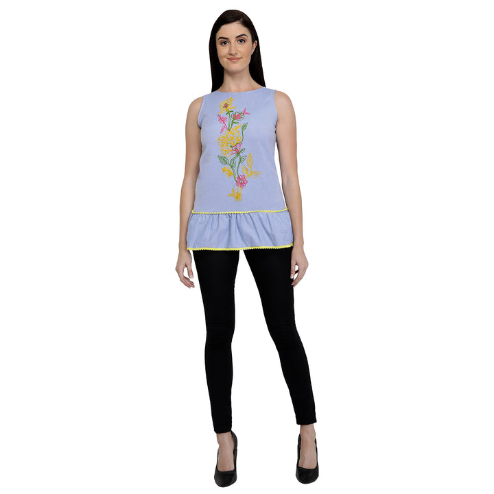 Embroidered Denim Peplum Top