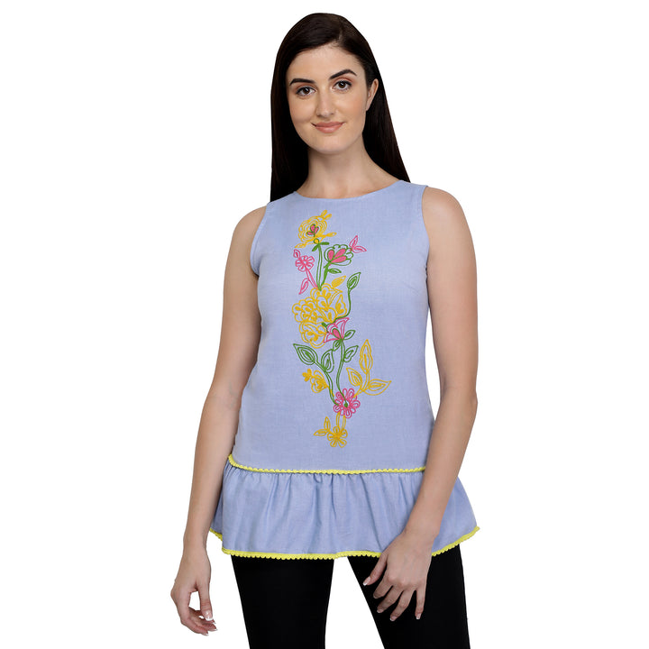 Embroidered Denim Peplum Top