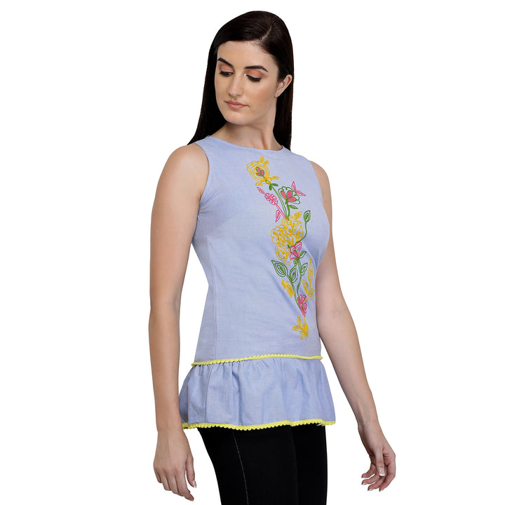 Embroidered Denim Peplum Top
