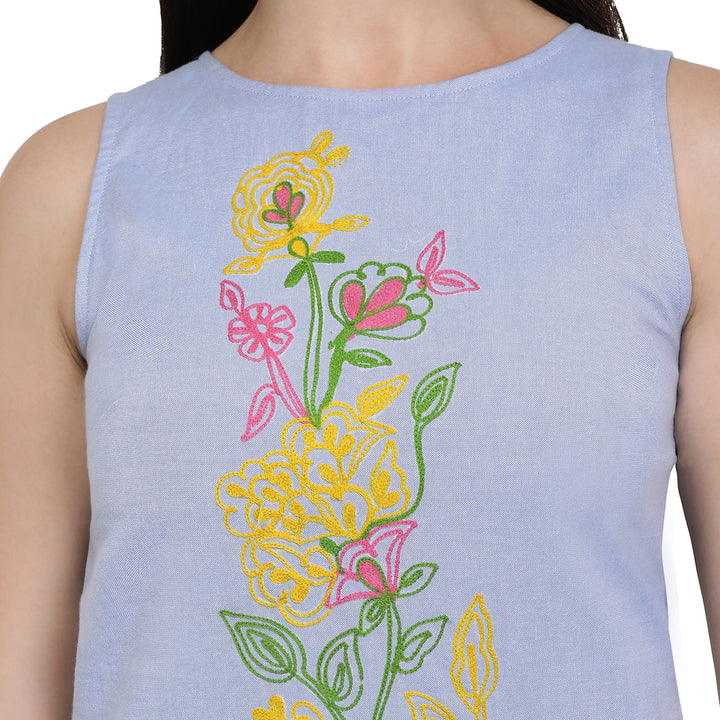 Embroidered Denim Peplum Top