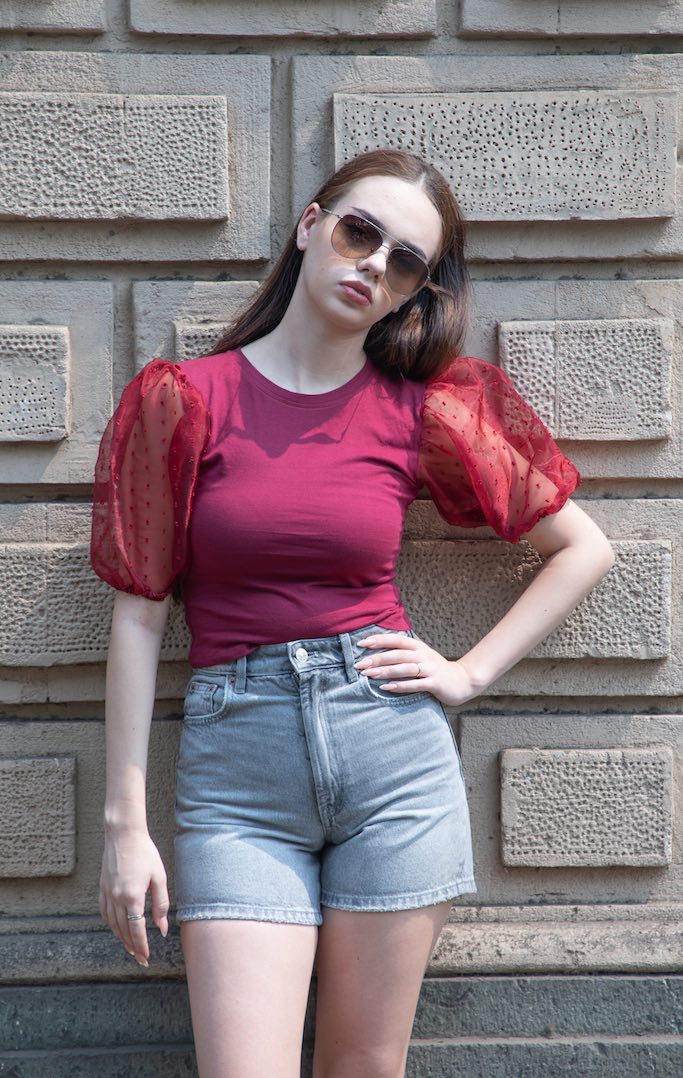 Plum Organza Sleeved Crop Top