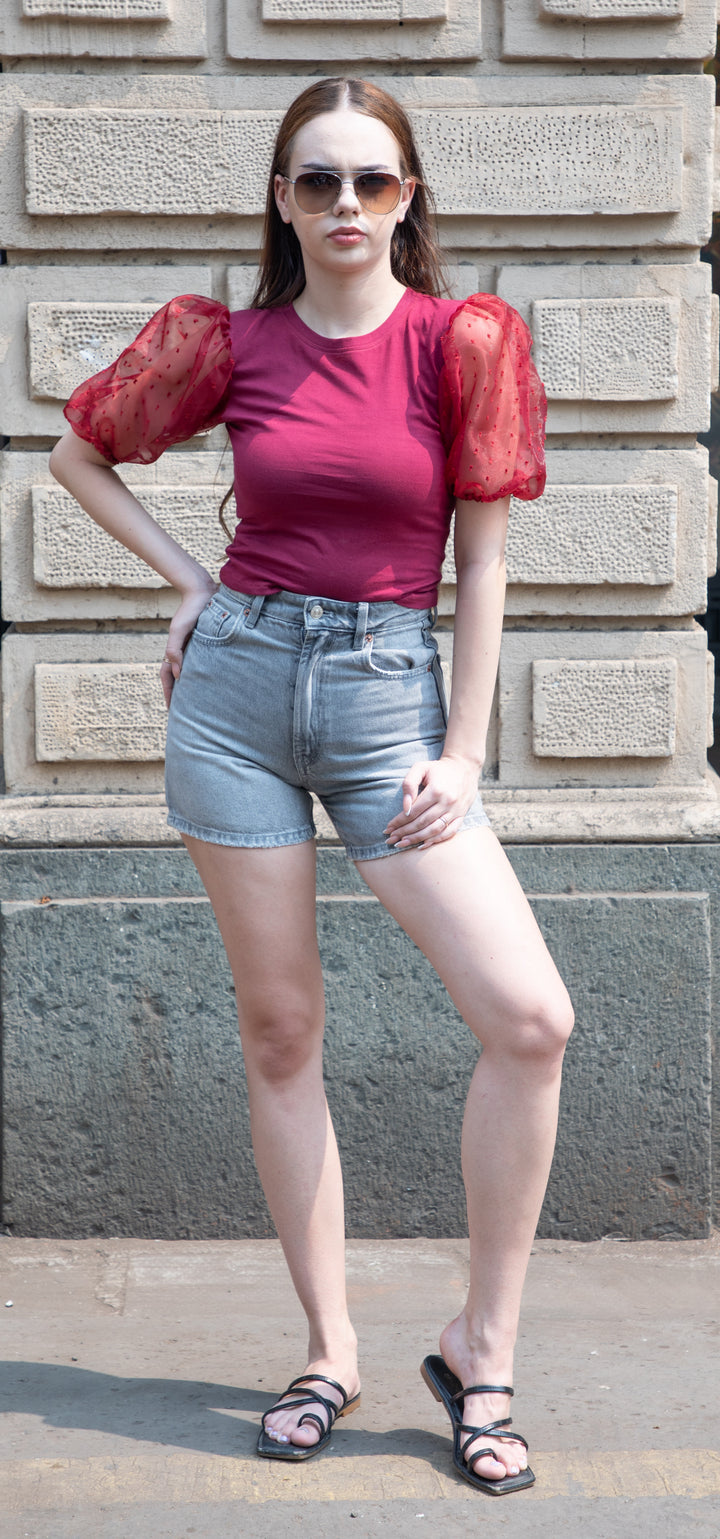 Plum Organza Sleeved Crop Top