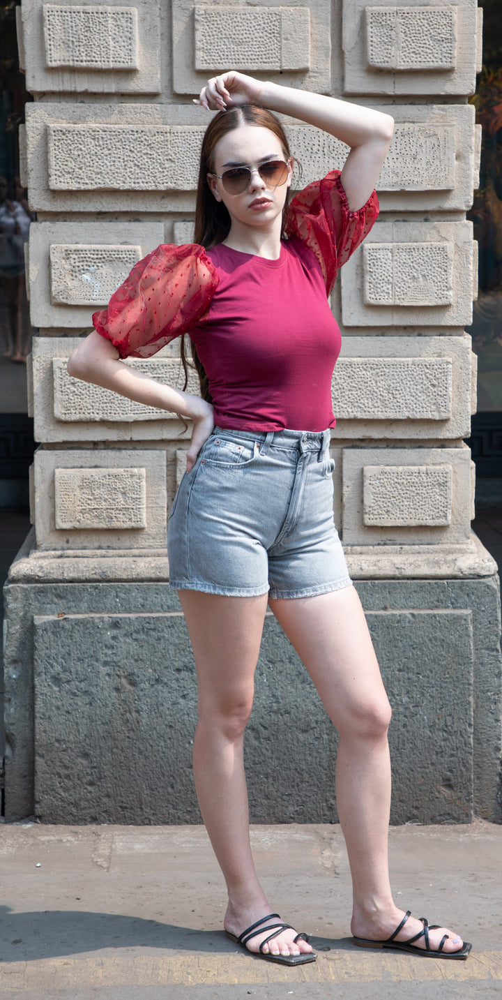 Plum Organza Sleeved Crop Top