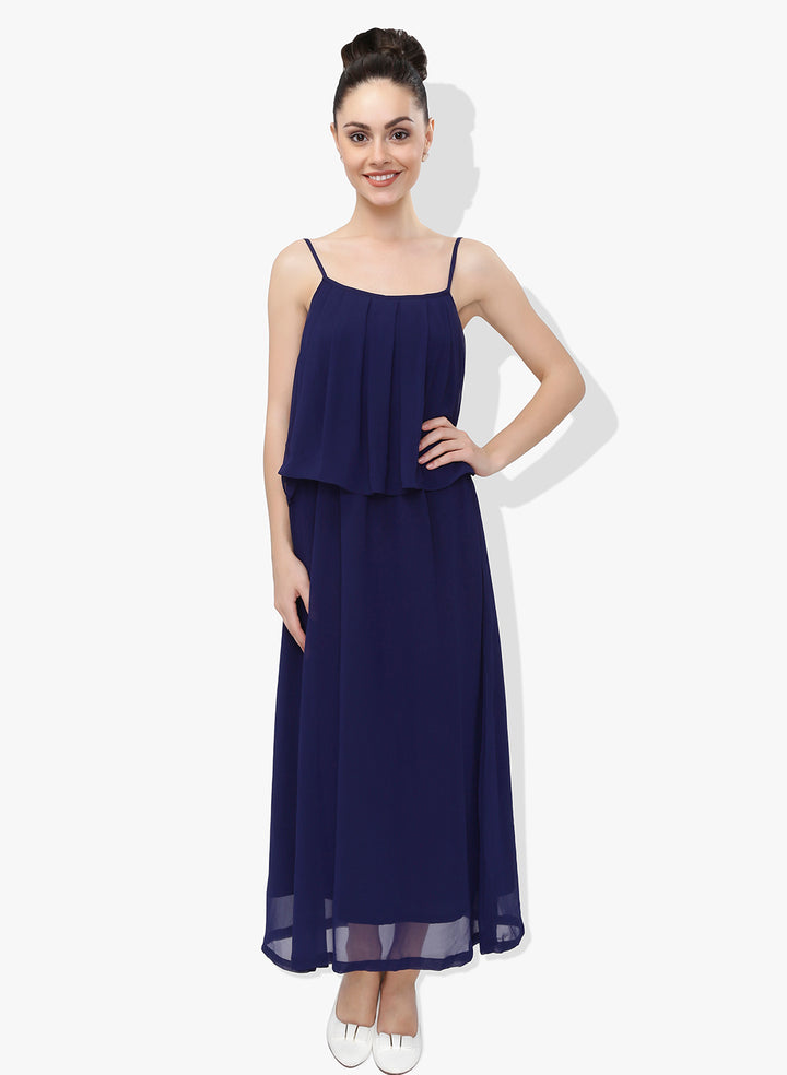 Navy Blue Georgette Dress With Flap Panel