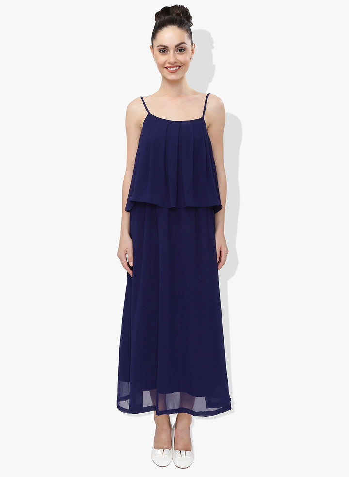 Navy Blue Georgette Dress With Flap Panel