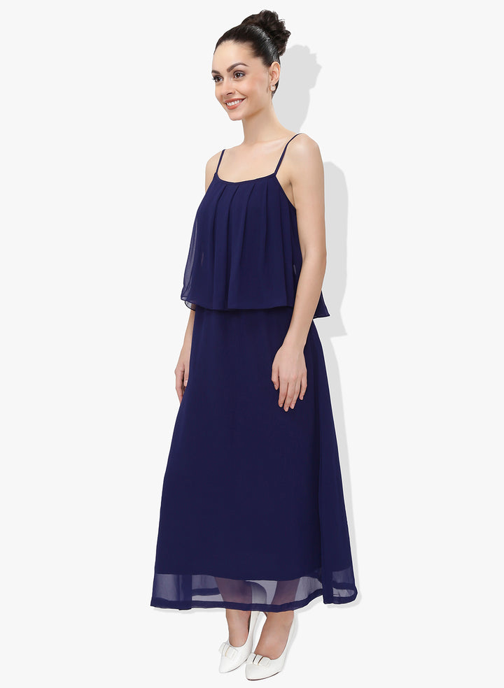 Navy Blue Georgette Dress With Flap Panel