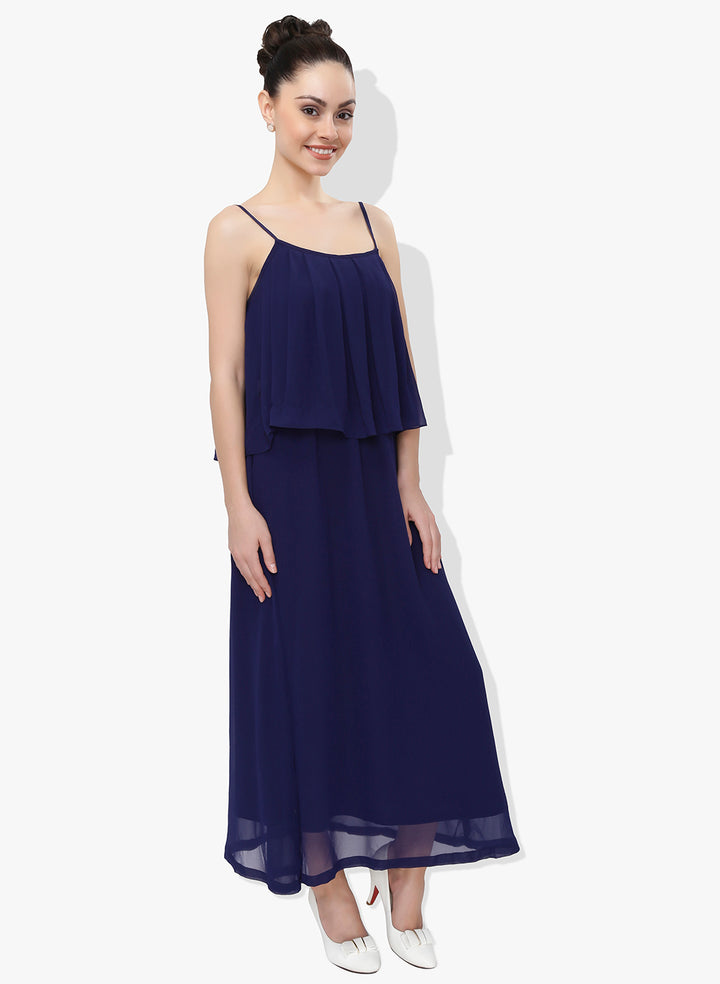 Navy Blue Georgette Dress With Flap Panel