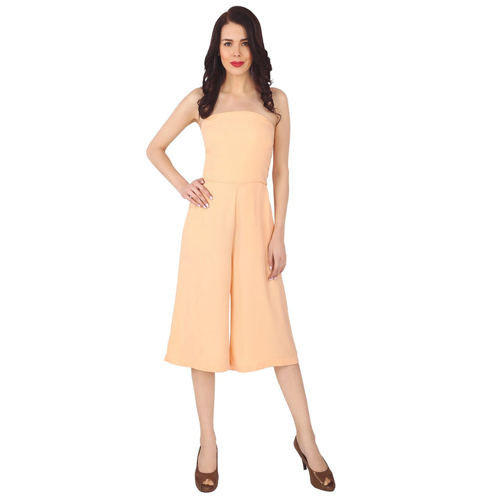 Nude Coloured Off Shoulder Polyester Jumpsuit With Broad Bottom