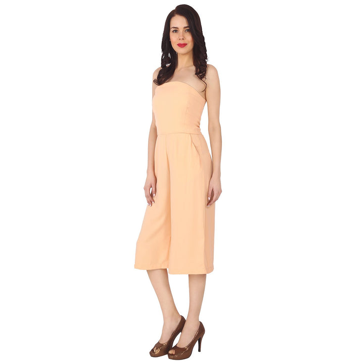 Nude Coloured Off Shoulder Polyester Jumpsuit With Broad Bottom