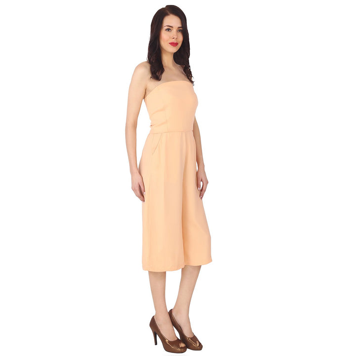 Nude Coloured Off Shoulder Polyester Jumpsuit With Broad Bottom