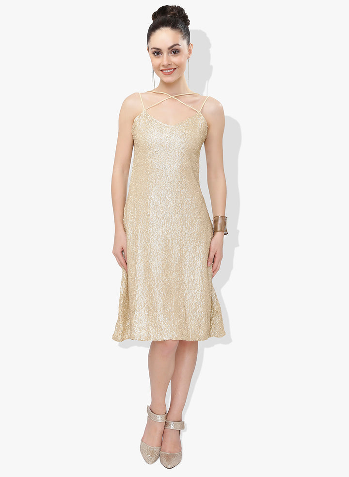 Light Golden Open Back Sequins Dress