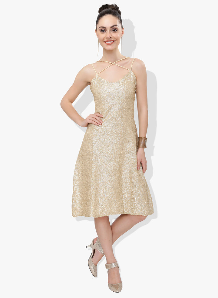 Light Golden Open Back Sequins Dress