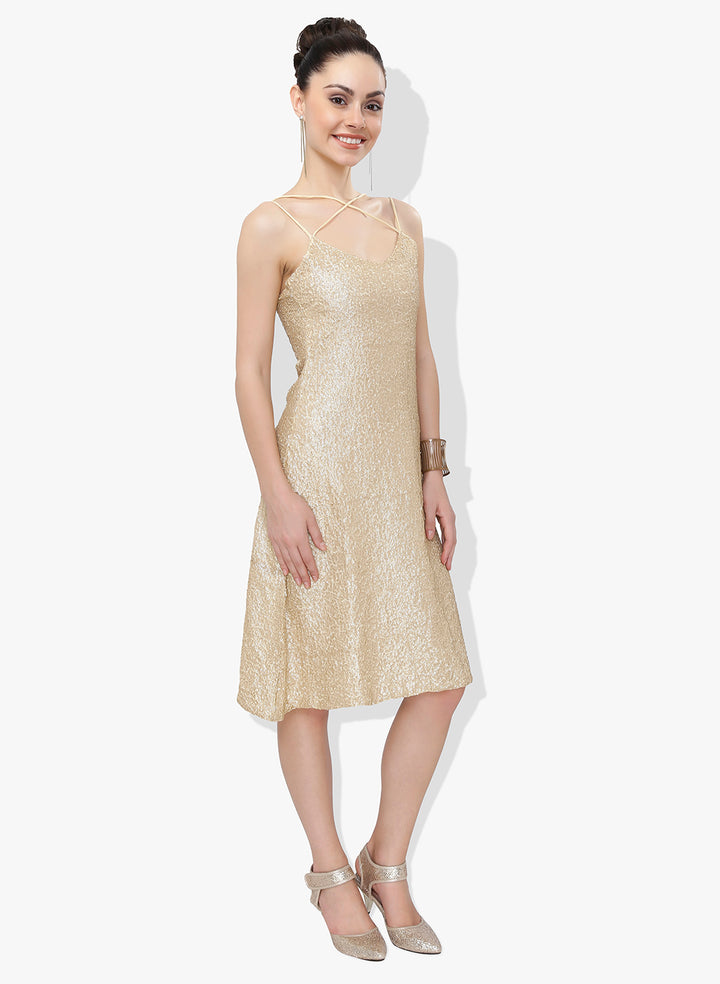 Light Golden Open Back Sequins Dress