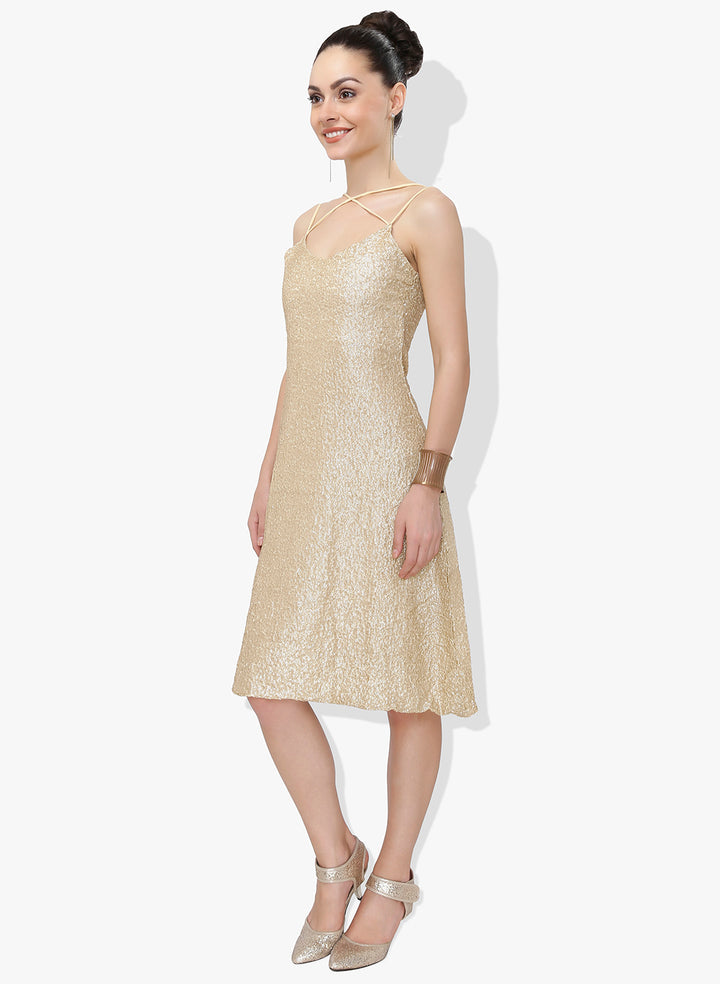 Light Golden Open Back Sequins Dress