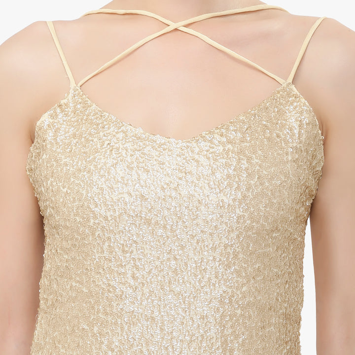 Light Golden Open Back Sequins Dress