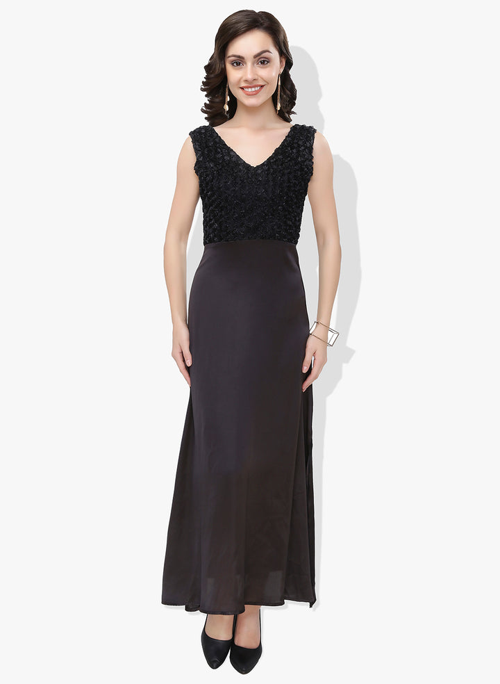 Black Contrasting Fabric Long Dress