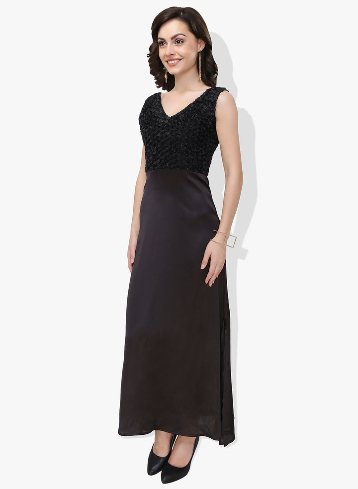 Black Contrasting Fabric Long Dress