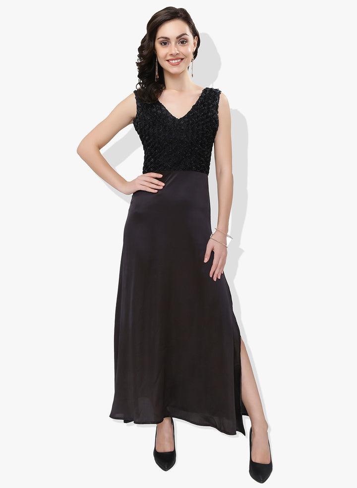 Black Contrasting Fabric Long Dress