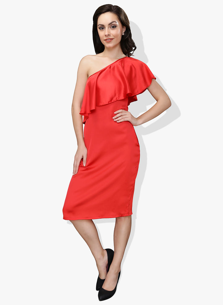 Red Satin One Shoulder Frilled Dress