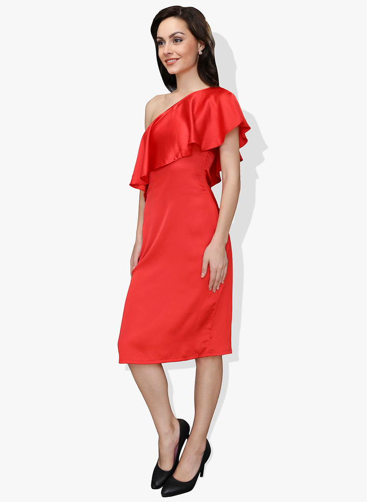 Red Satin One Shoulder Frilled Dress