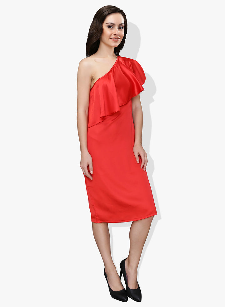 Red Satin One Shoulder Frilled Dress