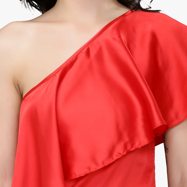 Red Satin One Shoulder Frilled Dress