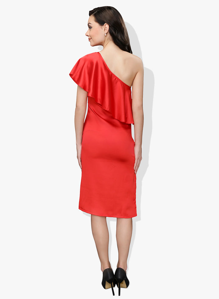 Red Satin One Shoulder Frilled Dress