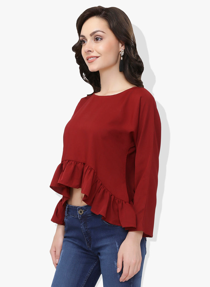 Maroon Asymmetric Frilled Top