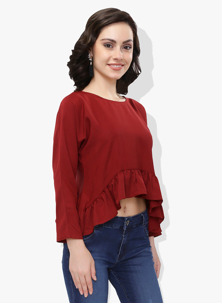 Maroon Asymmetric Frilled Top