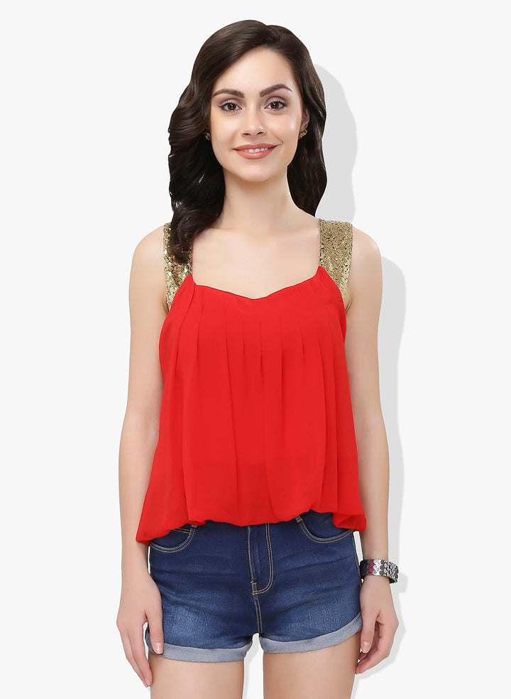 Red Sequinned Georgette Balloon Top