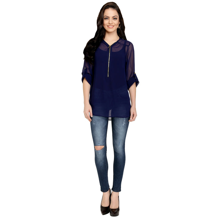 Navy Blue Sheer Zip Top