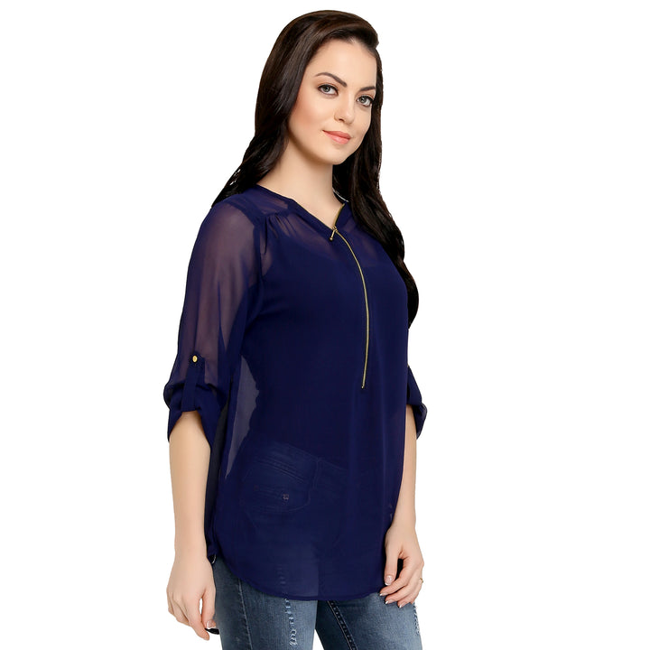 Navy Blue Sheer Zip Top