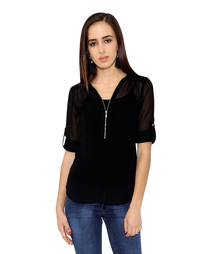 Black Zipped Sheer Top
