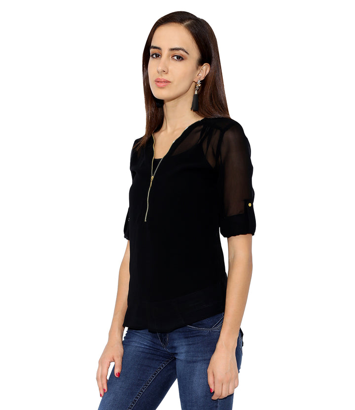 Black Zipped Sheer Top