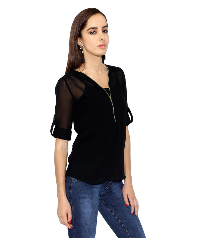 Black Zipped Sheer Top