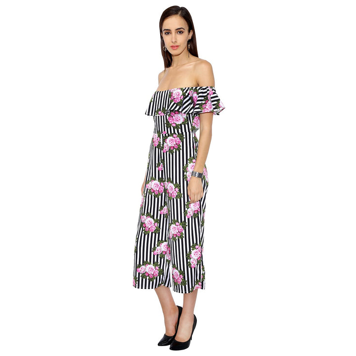 Floral And Striped Frilled Jumpsuit