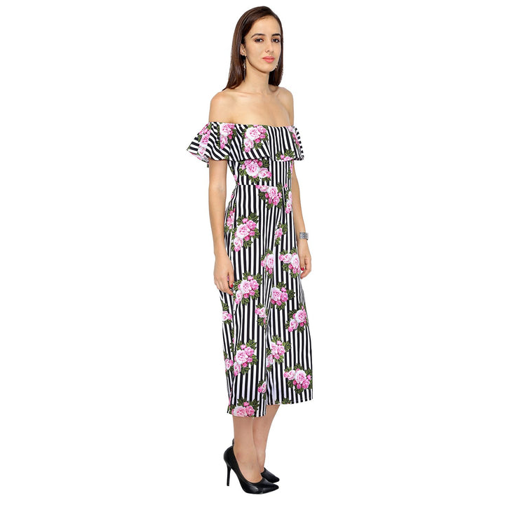 Floral And Striped Frilled Jumpsuit